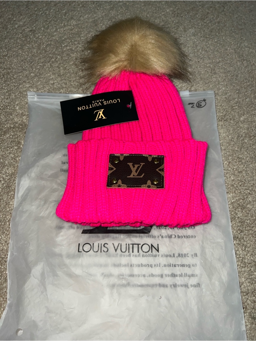 LV logo Neon Pink Ribbed Beanie with Brown Faux Fur Pom
